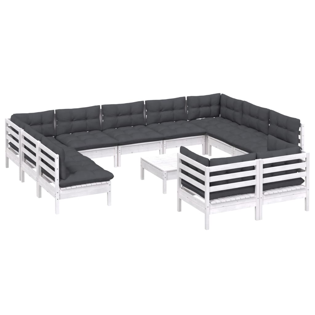 12 Piece Garden Outdoor Lounge Set With Cushions White Solid Pinewood