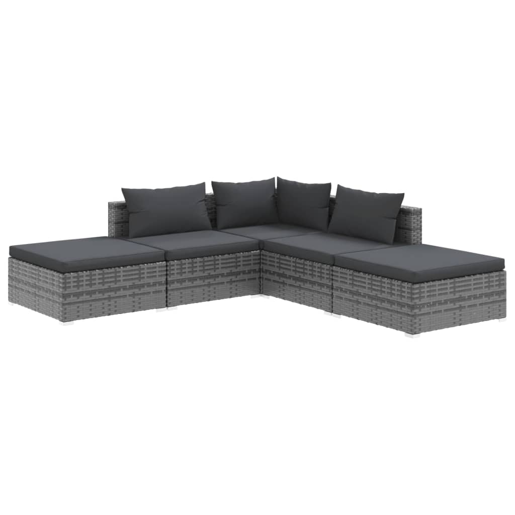 Grey Rattan Oasis: 5-Piece Garden Lounge Set with Plush Cushions