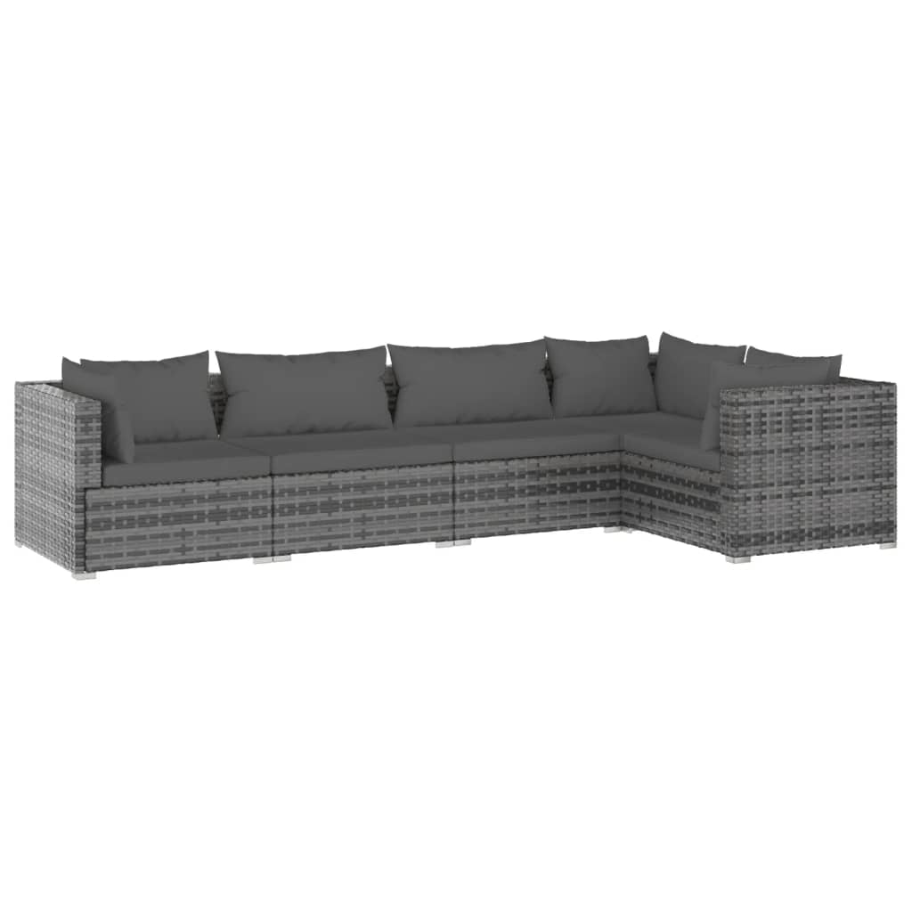 Coastal Comfort in Grey: 5-Piece Poly Rattan Garden Lounge Set with Cushions