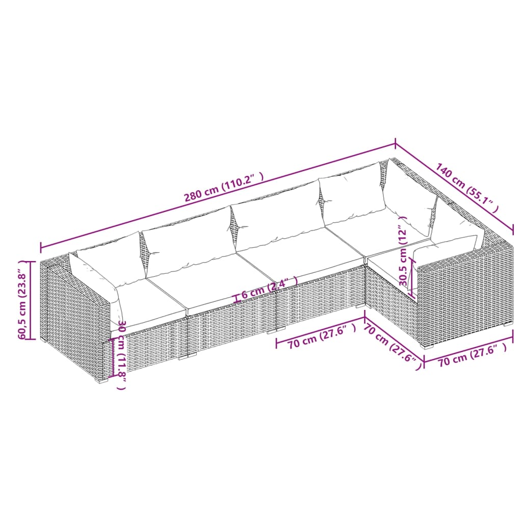 Coastal Comfort in Grey: 5-Piece Poly Rattan Garden Lounge Set with Cushions