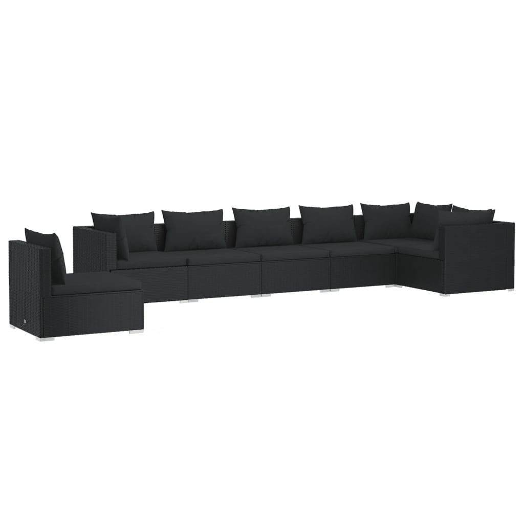 Noir Rattan Paradise: 7-Piece Garden Lounge Set in Black with Plush Cushions