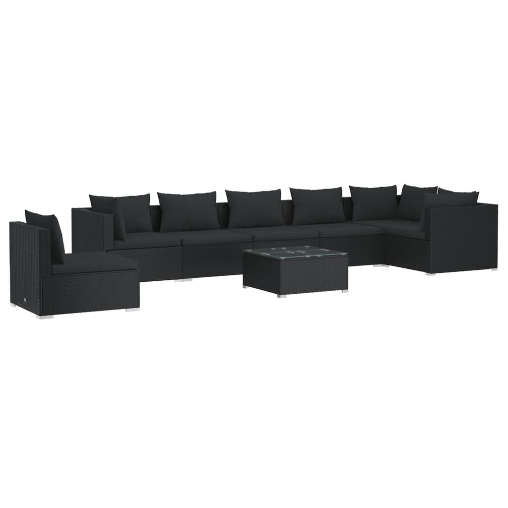 Noir Rattan Elegance: 8-Piece Garden Lounge Set in Black with Plush Cushions