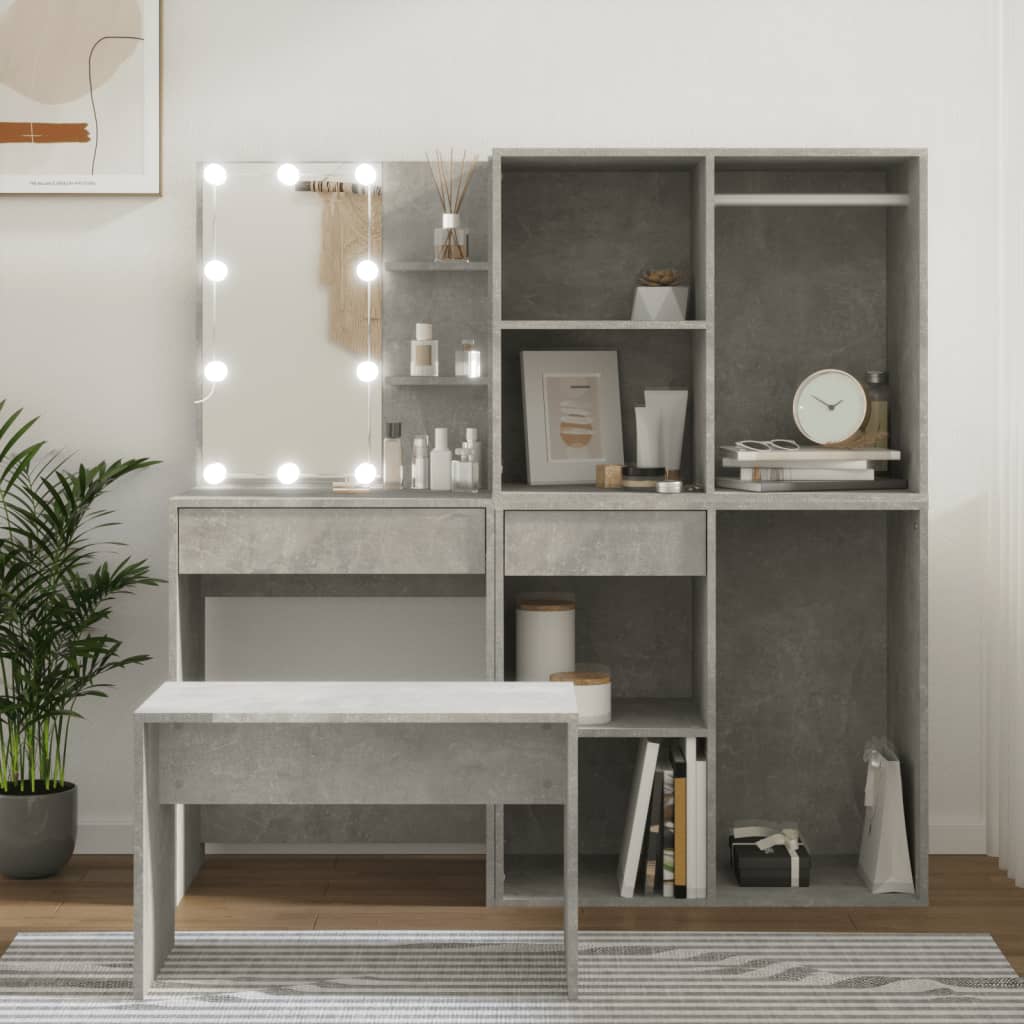 Dressing Table Set with LED Concrete Grey - Engineered Wood