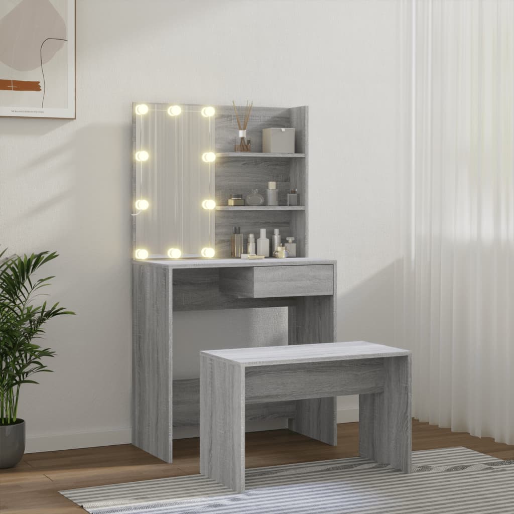 Dressing Table Set with LED Grey Wood