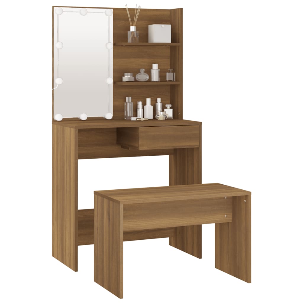 Dressing Table Set with LED Oak Engineered Wood