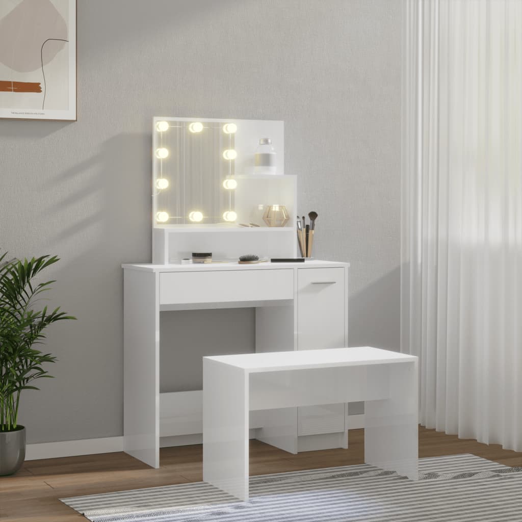 Dressing Table Set with LED High Gloss White - Engineered Wood