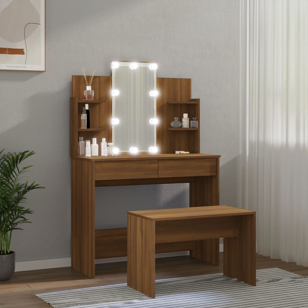 Dressing Table Set with LED Brown Wood