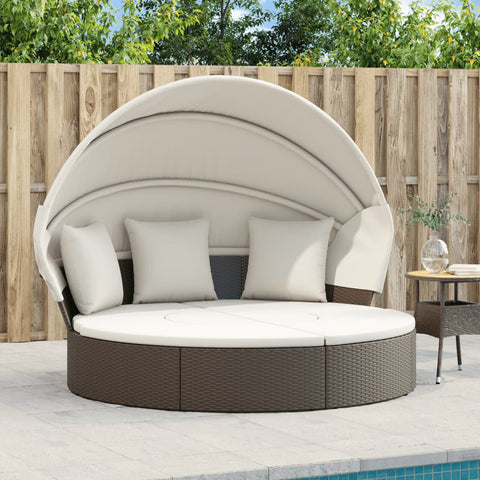 Bed with Canopy and Cushions Brown Poly Rattan