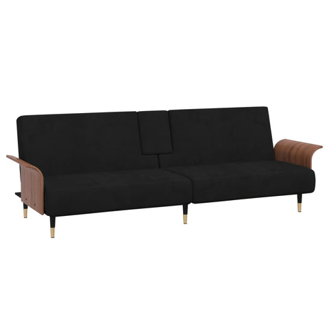 Elegant Twilight Escape: Dark Grey Velvet Sofa Bed with Convenient Cup Holders