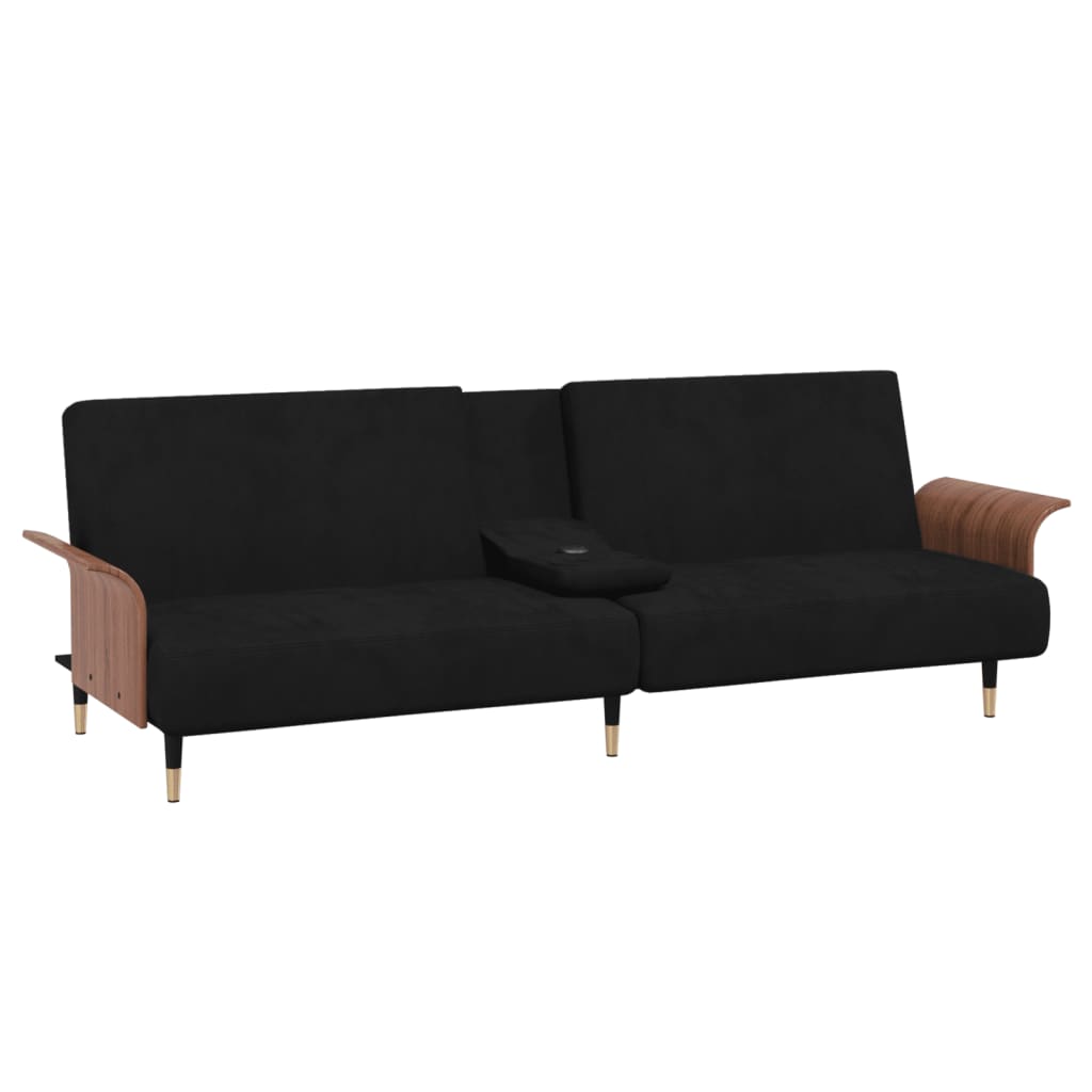 Elegant Twilight Escape: Dark Grey Velvet Sofa Bed with Convenient Cup Holders