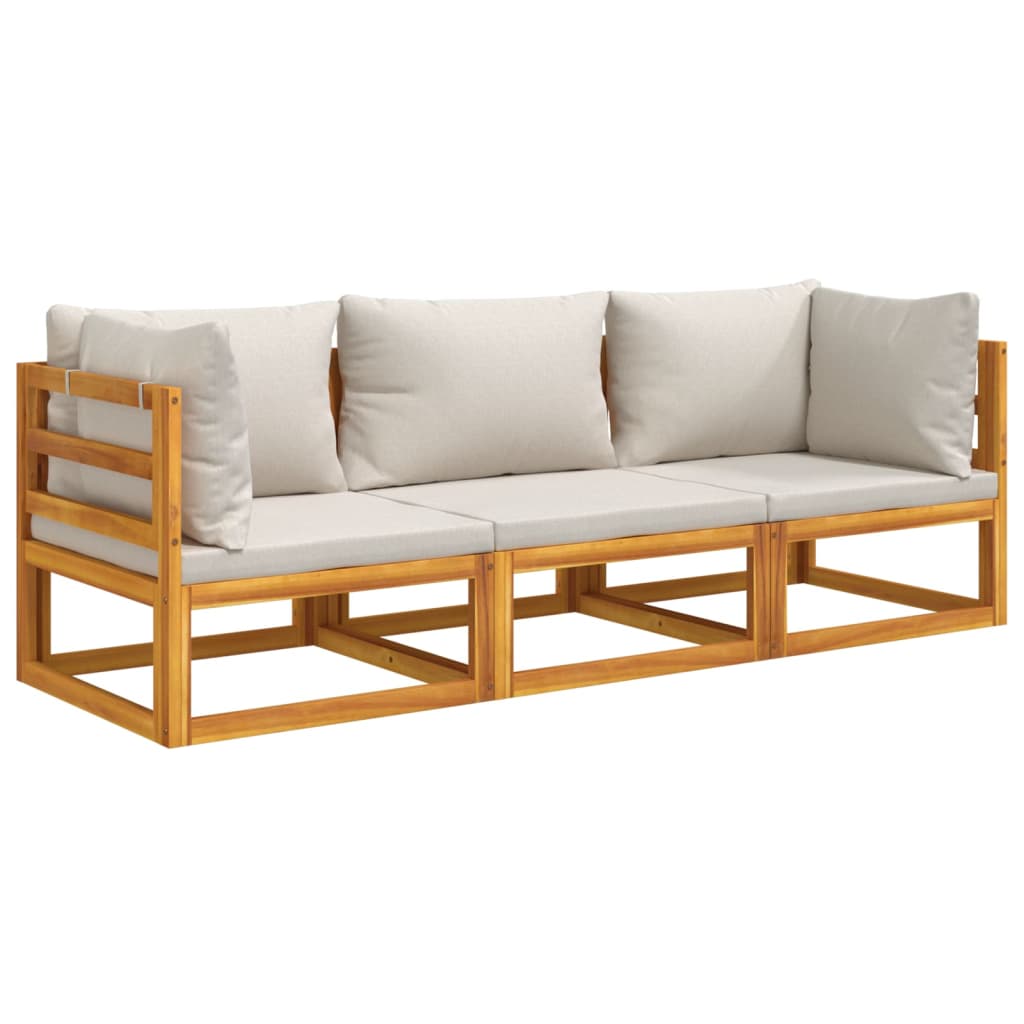 Luminous Lounge Trio: 3-Piece Solid Wood Garden Set with Light Grey Cushions