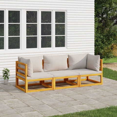 Luminous Lounge Trio: 3-Piece Solid Wood Garden Set with Light Grey Cushions