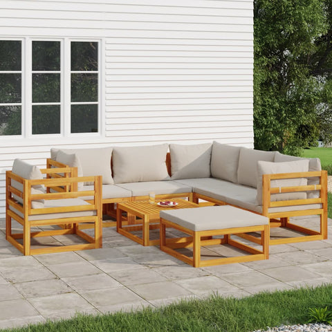 Silvery Serenity Octavo: 8-Piece Solid Wood Garden Lounge with Light Grey Cushions