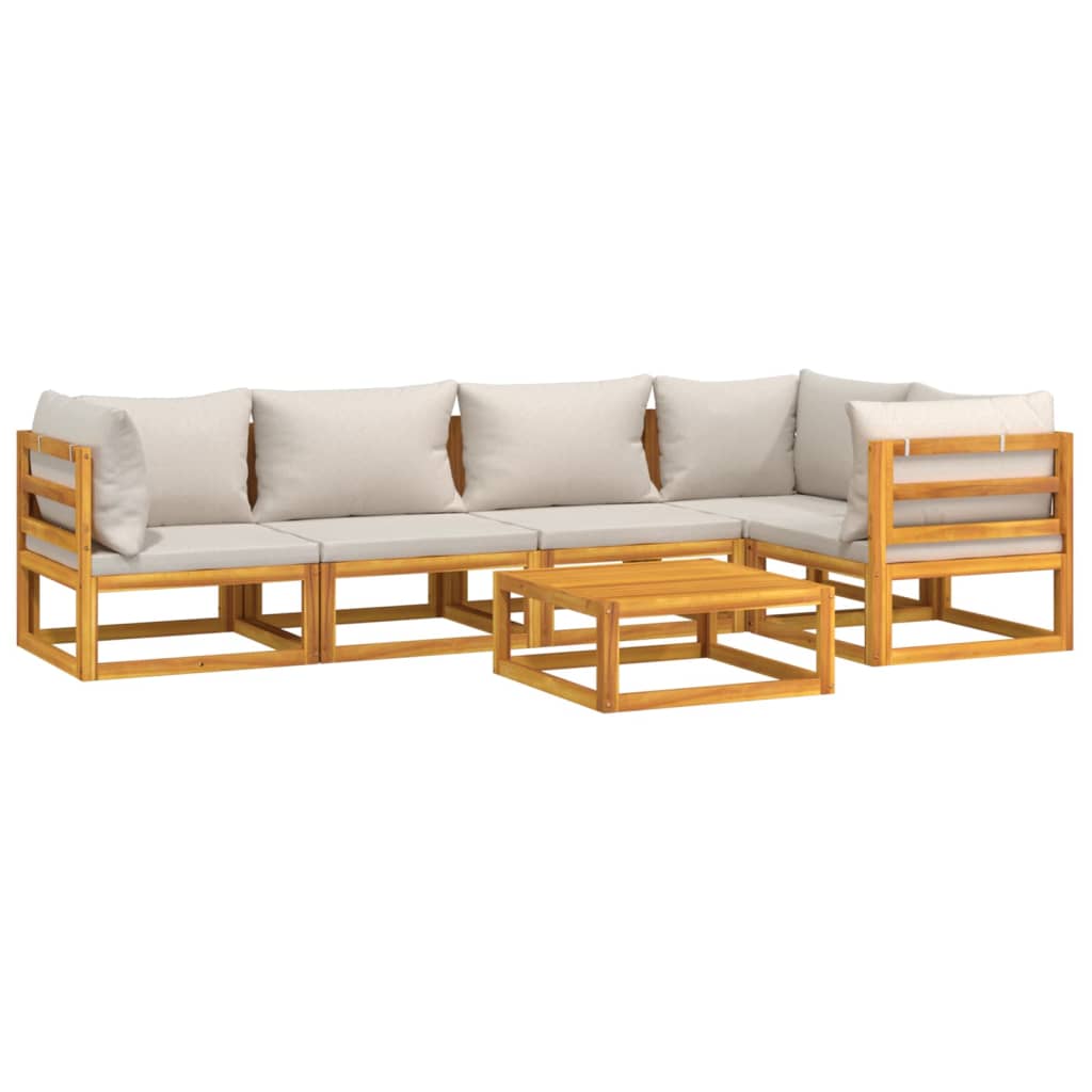 Grey Garden Gala: 6-Piece Solid Wood Lounge Set with Light Cushions