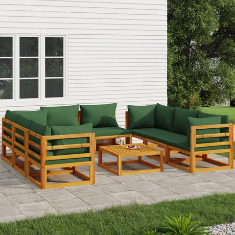 9-Pcs Solid Wood Garden Lounge with Green Cushions