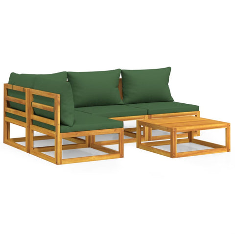 Verdant Vibes Quintet: 5-Piece Solid Wood Garden Lounge with Green Cushions