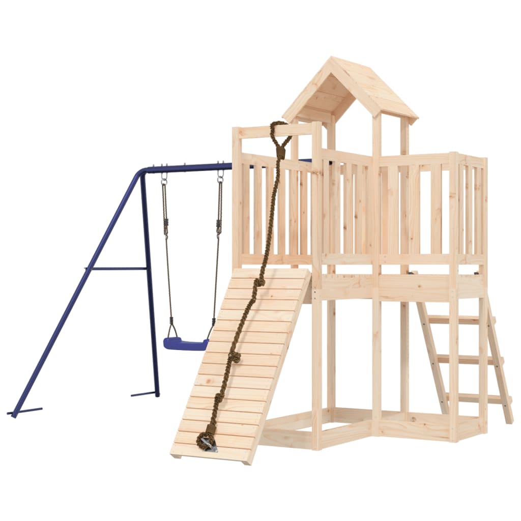 A Solid Wood Pine Playhouse featuring a Climbing Wall and Swing