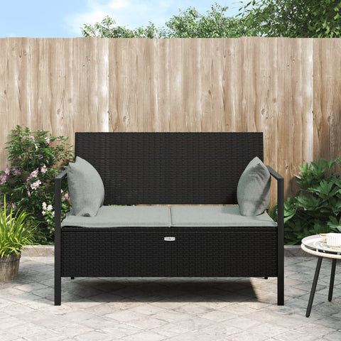 Rattan Elegance: Black 2-Seater Garden Bench with Cushions