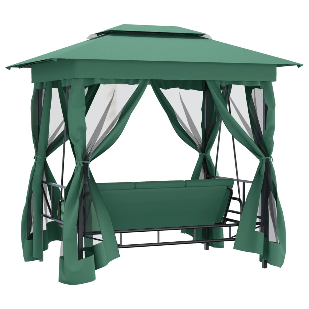 Verdant Oasis: Swing Bench Garden Gazebo with Green Fabric & Steel