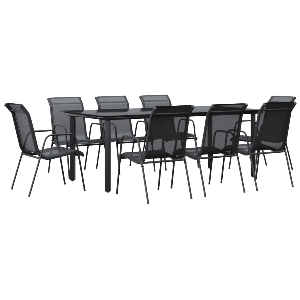 9 Piece Garden Dining Set Black Steel and Textilene