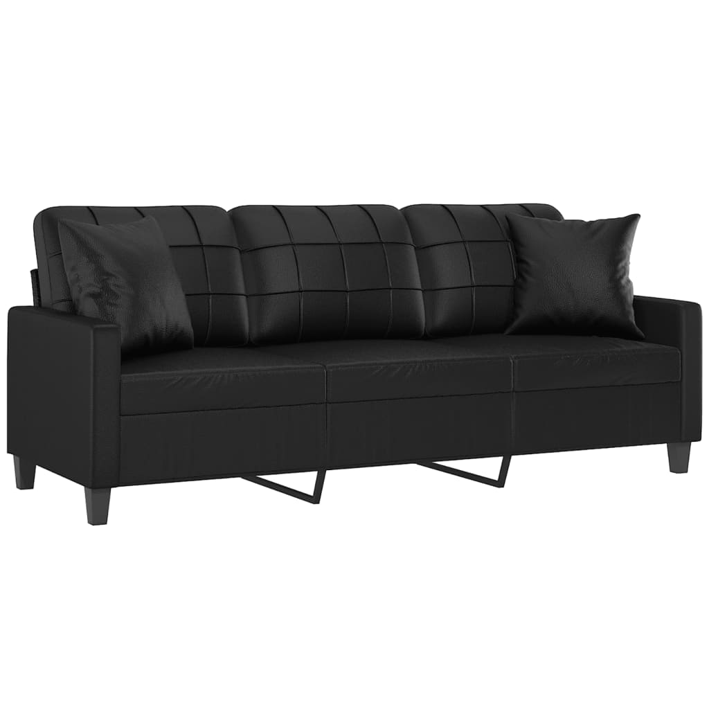 3-Seater Sofa with Throw Pillows Black Faux Leather