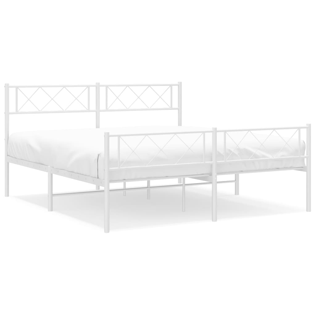 Modern Tranquility: White Metal Bed Frame with Headboard Queen Size