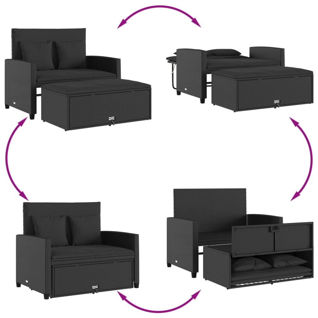 Garden Sofa with Cushions 2-Seater Black Poly Rattan