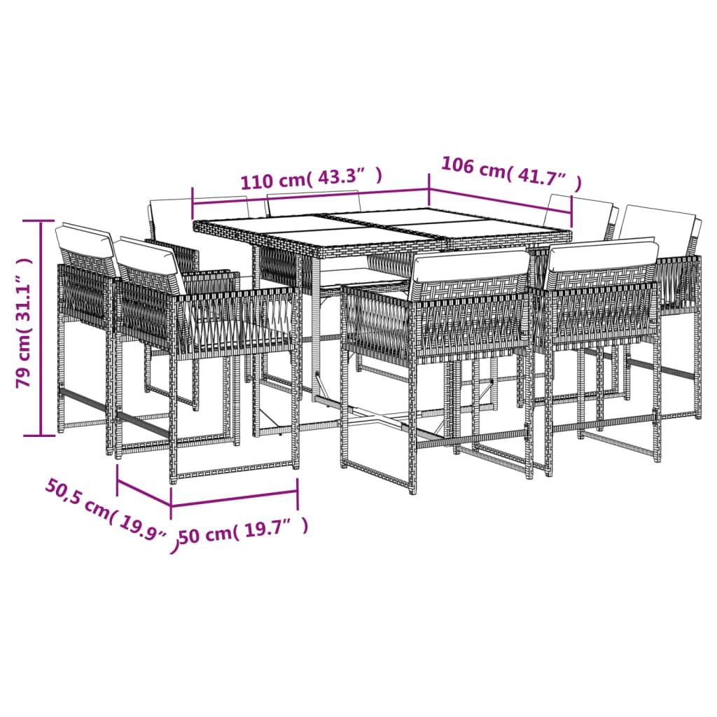 9-Piece Grey Poly Rattan Dining Set with Cushions for Garden