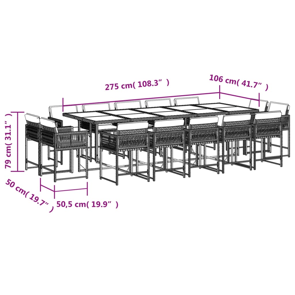 Comfort:15 Piece Garden Dining Set with Cushions Black Poly Rattan