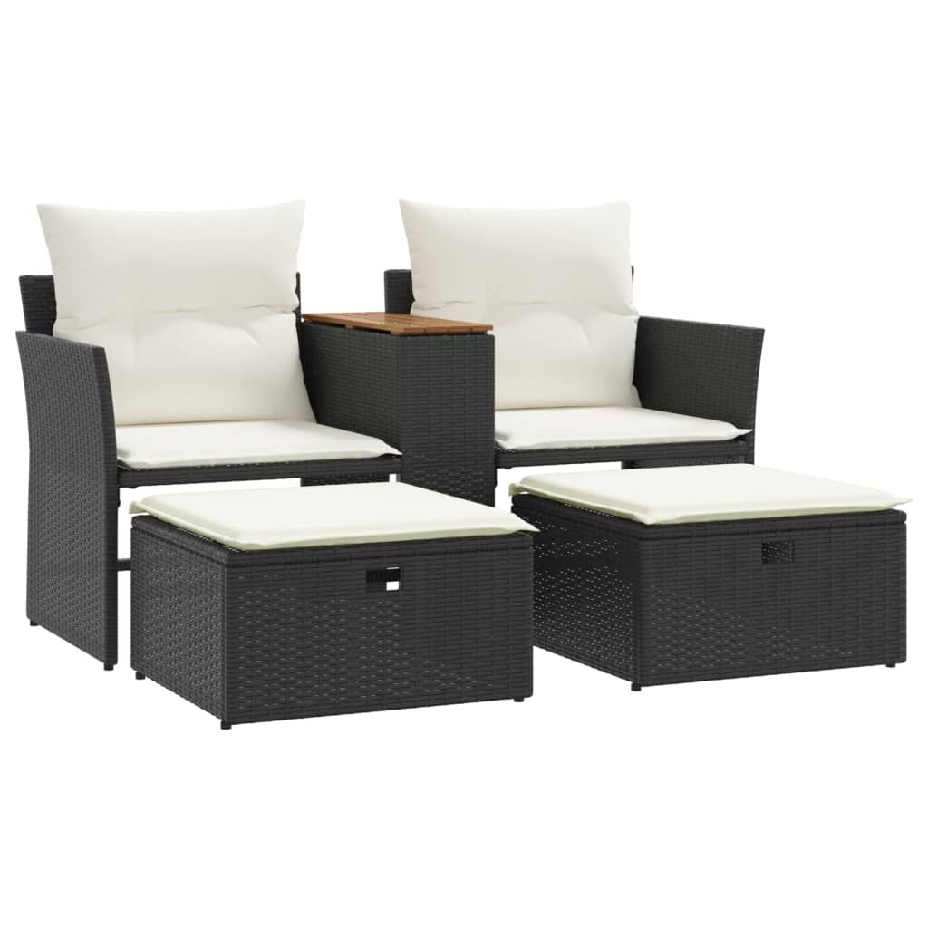 Garden Sofa 2-Seater with Stools Black Poly Rattan