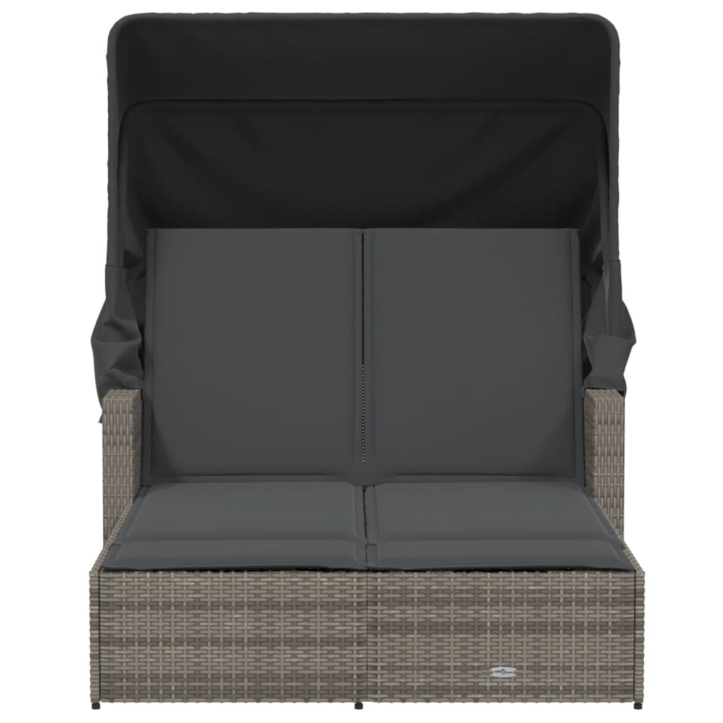 Double Sun Lounger with Canopy and Cushions Grey Poly Rattan