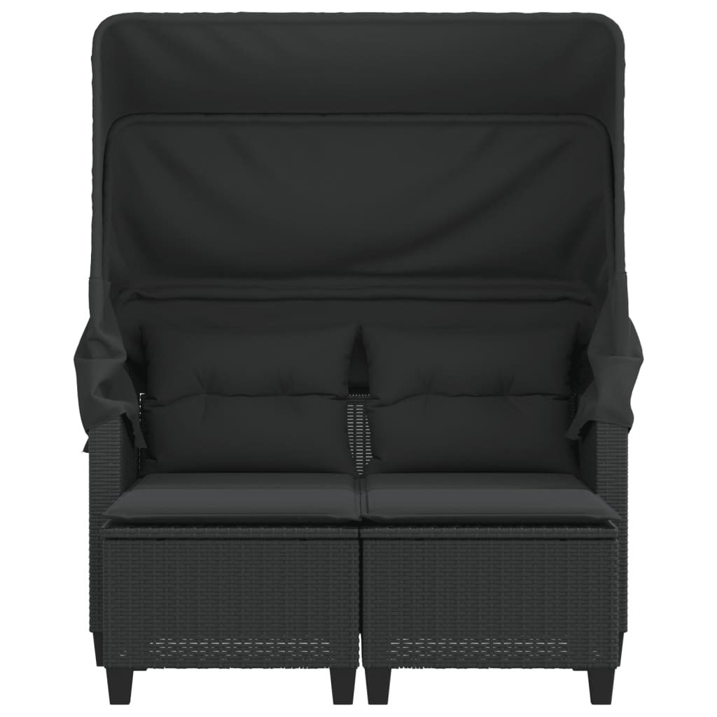 Garden Sofa 2-Seater with Canopy and Stools-Black Poly Rattan