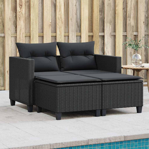 Garden Sofa 2-Seater with Stools-Black Poly Rattan