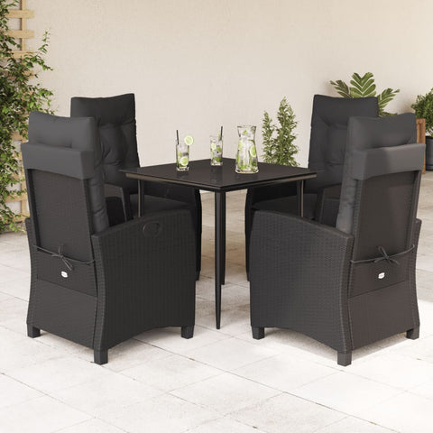 Charcoal Haven: 5-Piece Garden Dining Set with Black Poly Rattan and Cushions