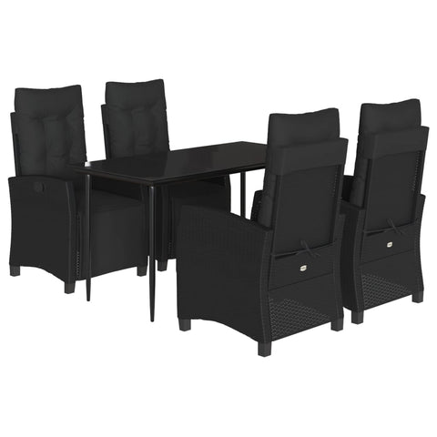 Comfort:5 Piece Garden Dining Set with Cushions Black Poly Rattan