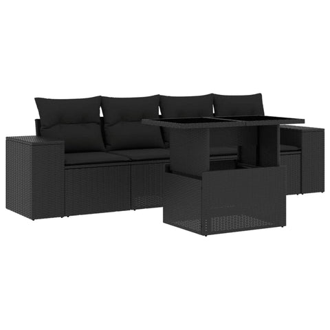 5 - Piece Garden Sofa Set with Cushions Black Poly Rattan