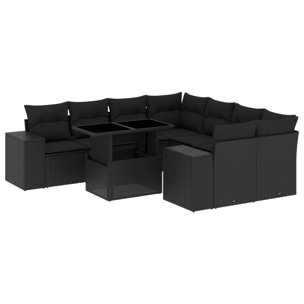 9 Piece Garden Sofa Set with Cushions Black Poly Rattan