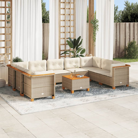 10 Piece Garden Sofa Set with Cushions Beige - Poly Rattan