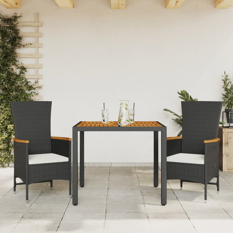 3-Piece Garden Dining Set with Cushions Black Poly Rattan