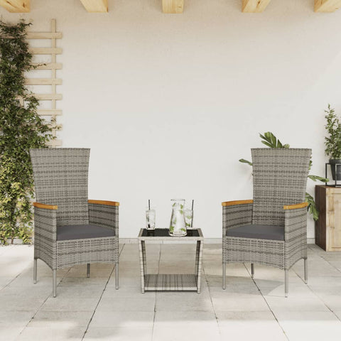 3-Piece Garden Dining Set with Cushions Grey Poly Rattan