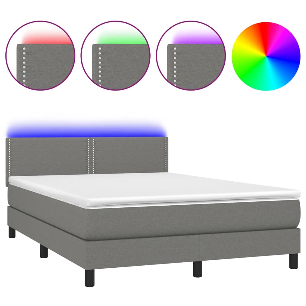 Elegant Box Spring Bed with Mattress & LED Lights, Dark Grey Fabric