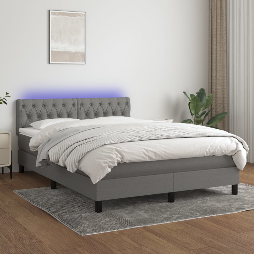 Elegant Box Spring Bed with Mattress & LED Lights, Dark Grey Fabric