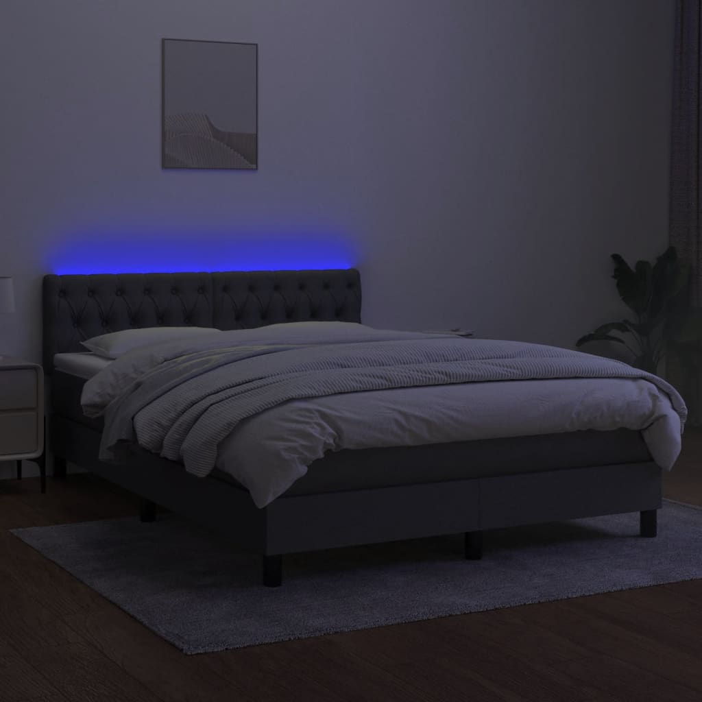 Elegant Box Spring Bed with Mattress & LED Lights, Dark Grey Fabric