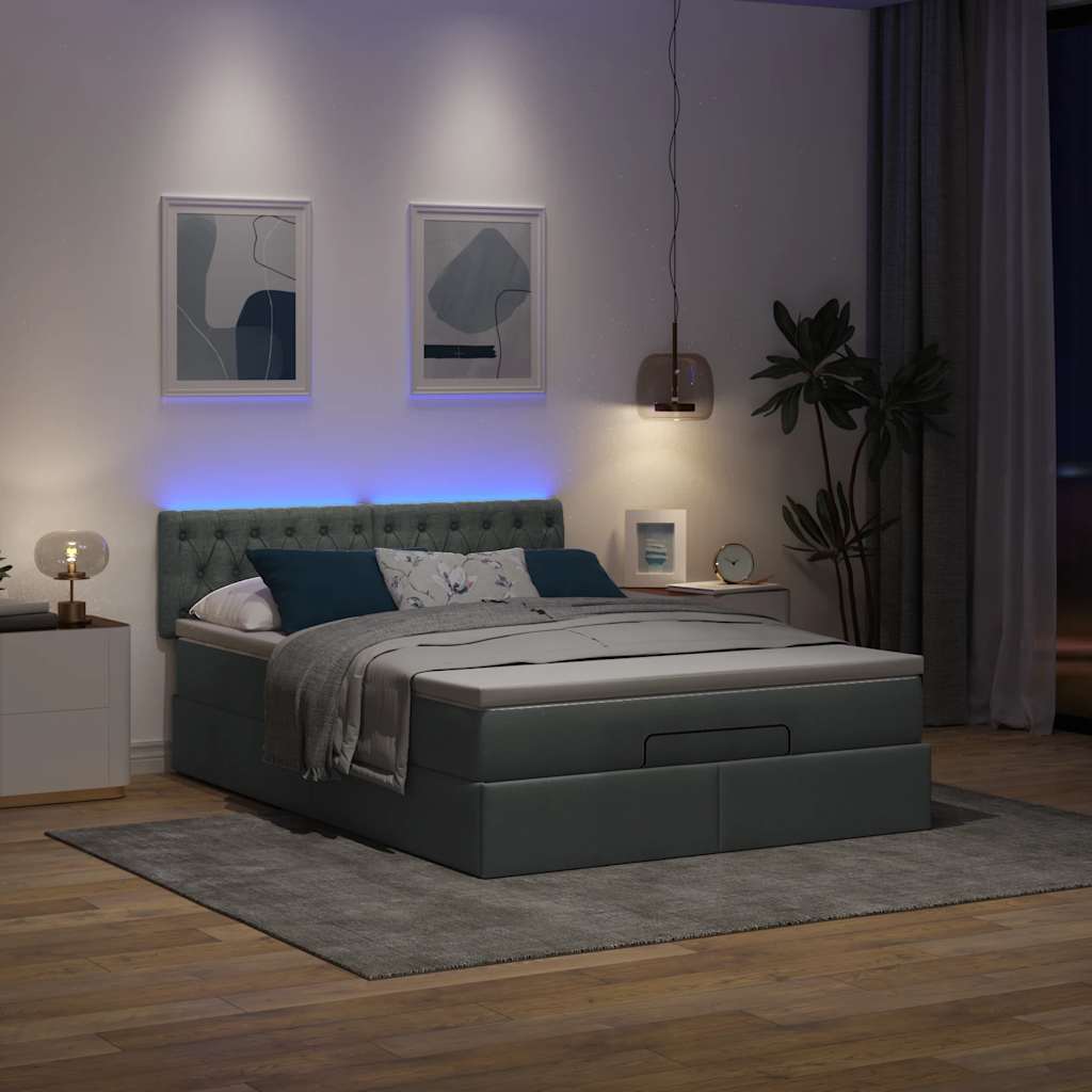 Ottoman Bed with Mattress & LEDs Dark Grey  - Queen Fabric