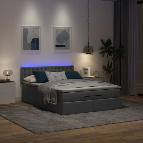 Ottoman Bed with Mattress & LEDs Dark Grey  - Queen Fabric