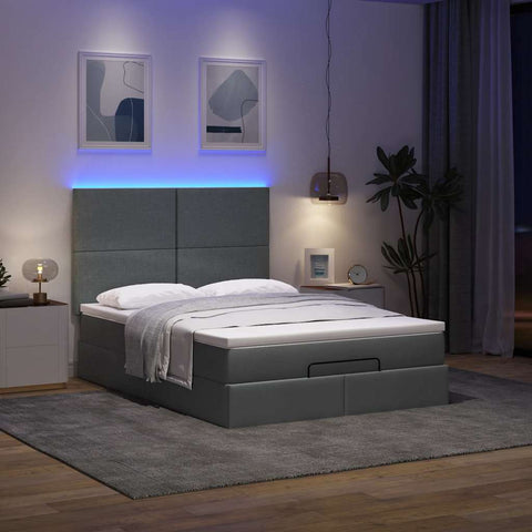 Ottoman Bed with Mattress & LEDs Dark Grey Queen- - Fabric