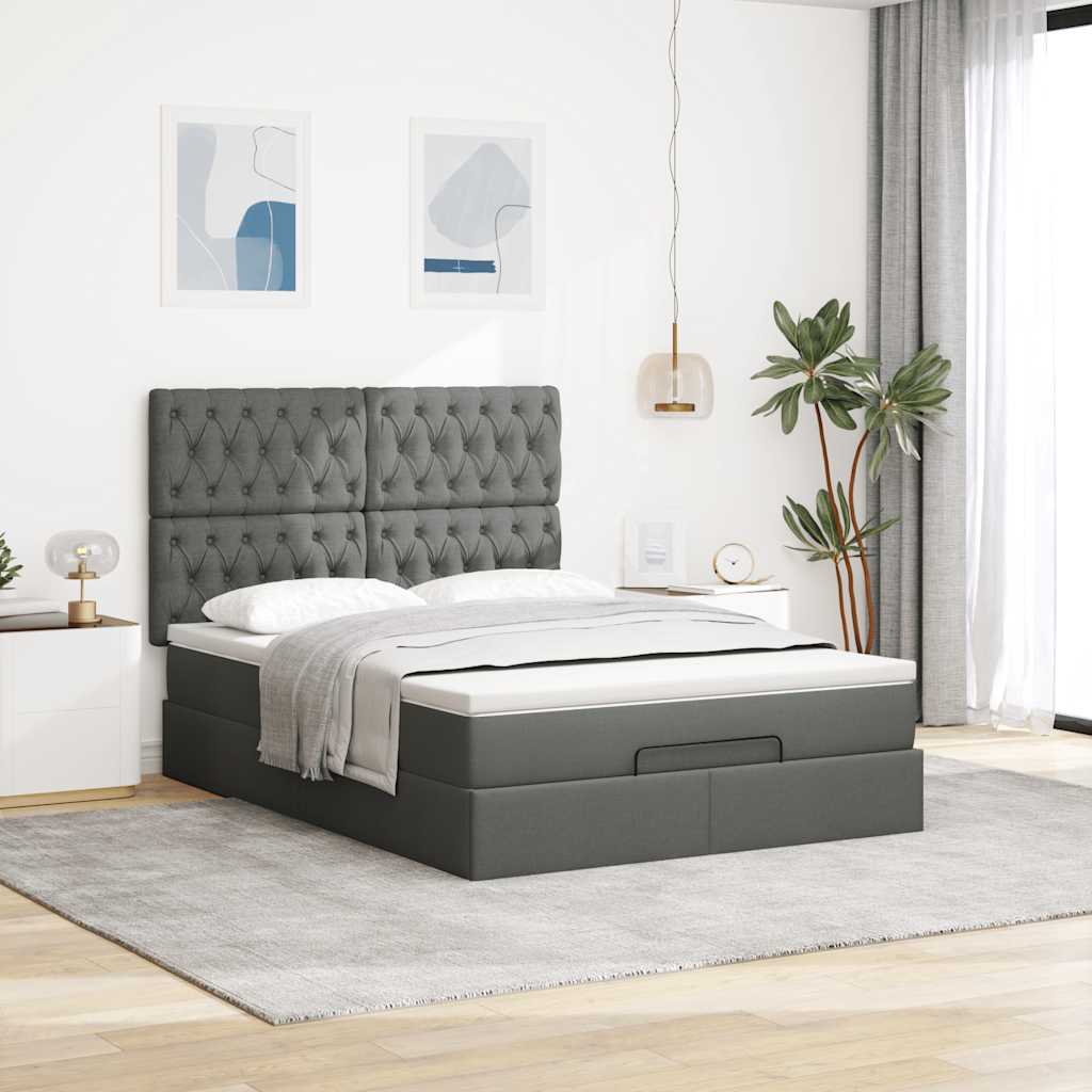 Ottoman Bed with Mattress & LEDs Dark Grey - Double Fabric