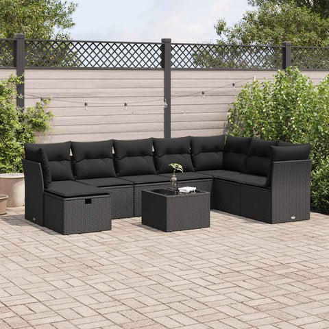 Garden Sofa Set with Cushions Modular Sofa 9 Piece Black Poly Rattan - Sleek