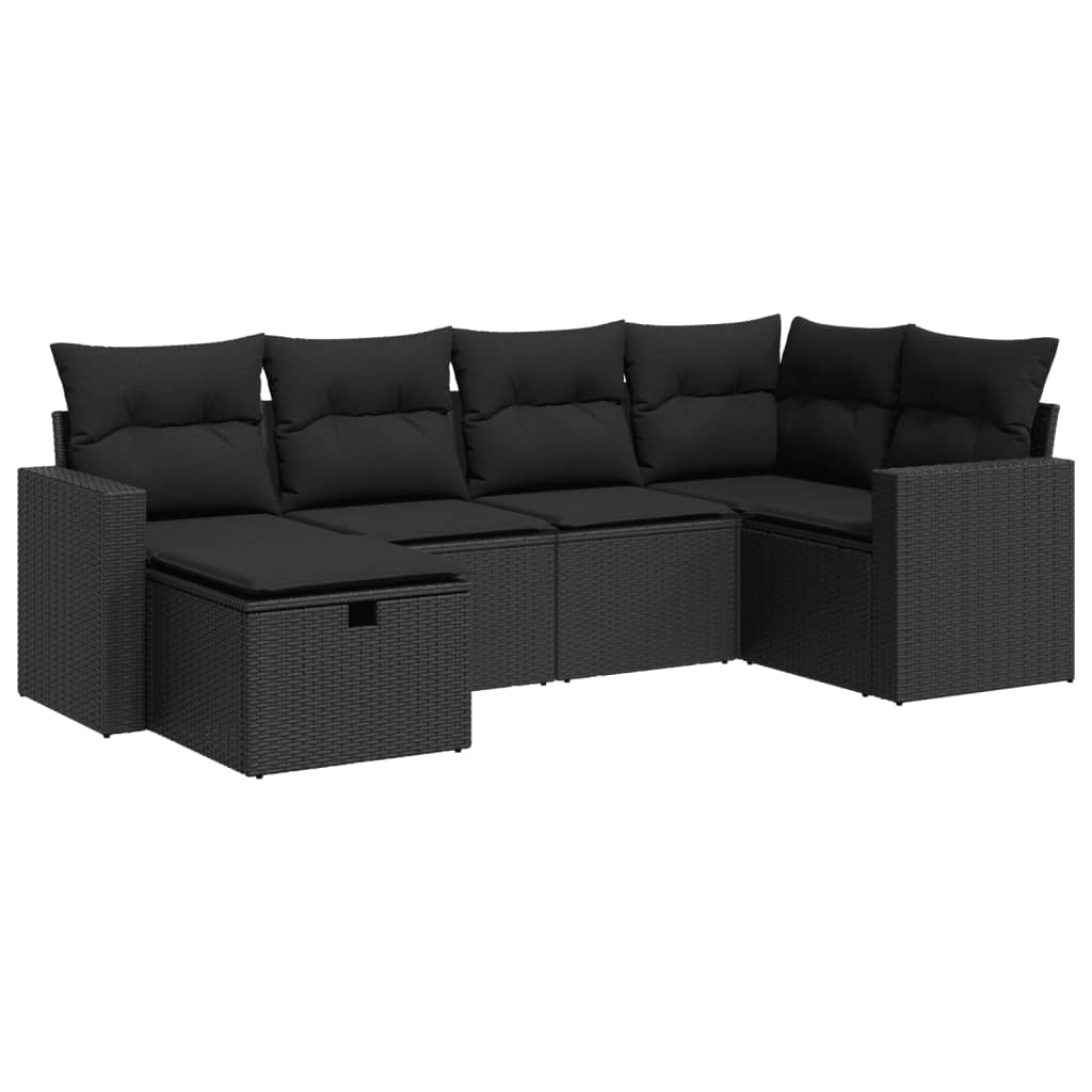 Garden Sofa Set with Cushions 6 Piece Black Poly Rattan - Elegant