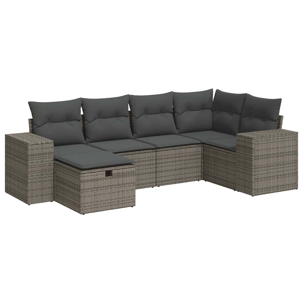 6 Pcs Garden Sofa Set with Cushions Grey Poly Rattan - Outdoor Comfort